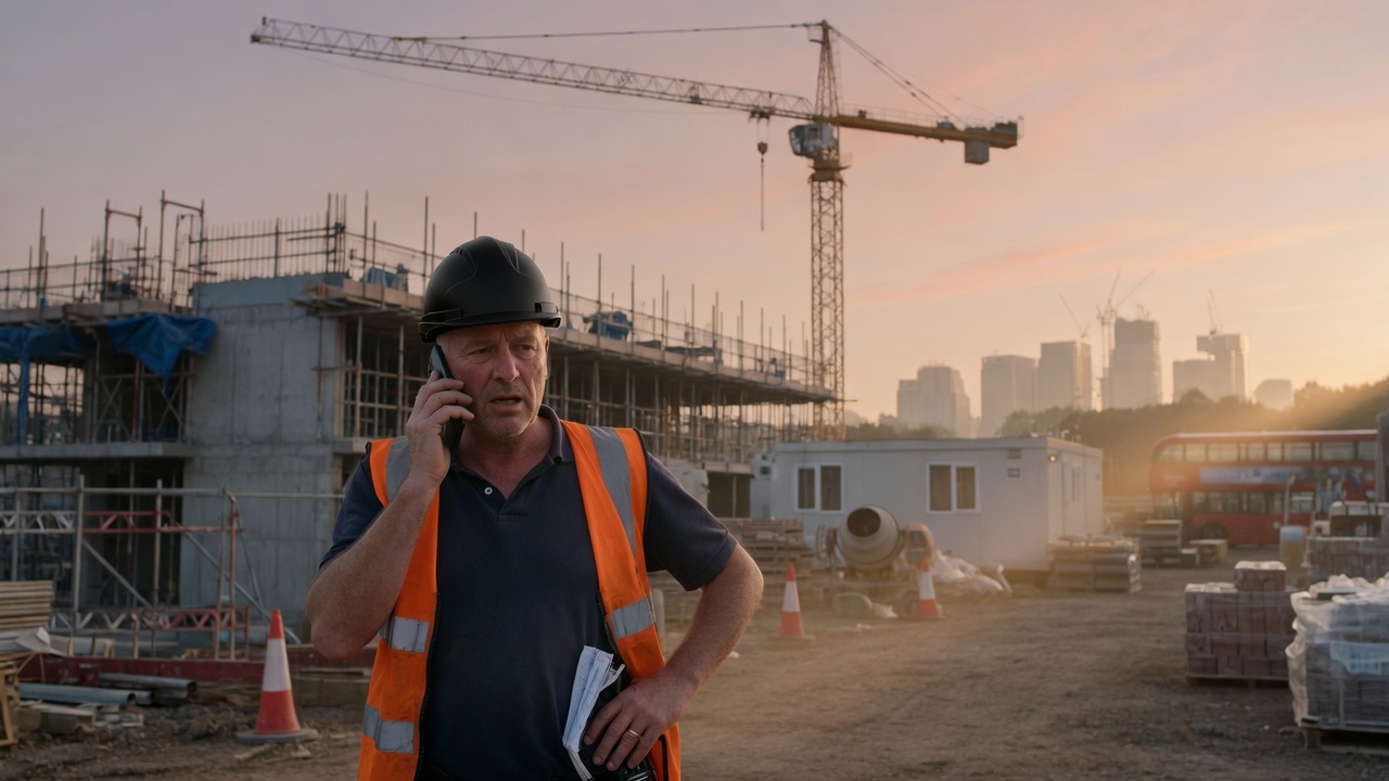 A site manager on the phone at dawn on a London construction site