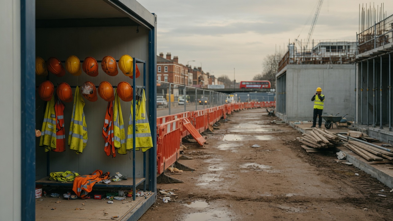 Unused hi-vis vests and hard hats in an empty site cabin