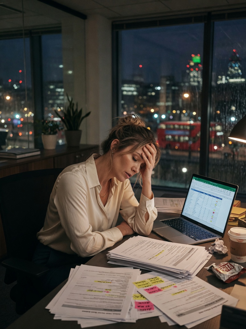 An HR specialist working late at a desk covered in CVs