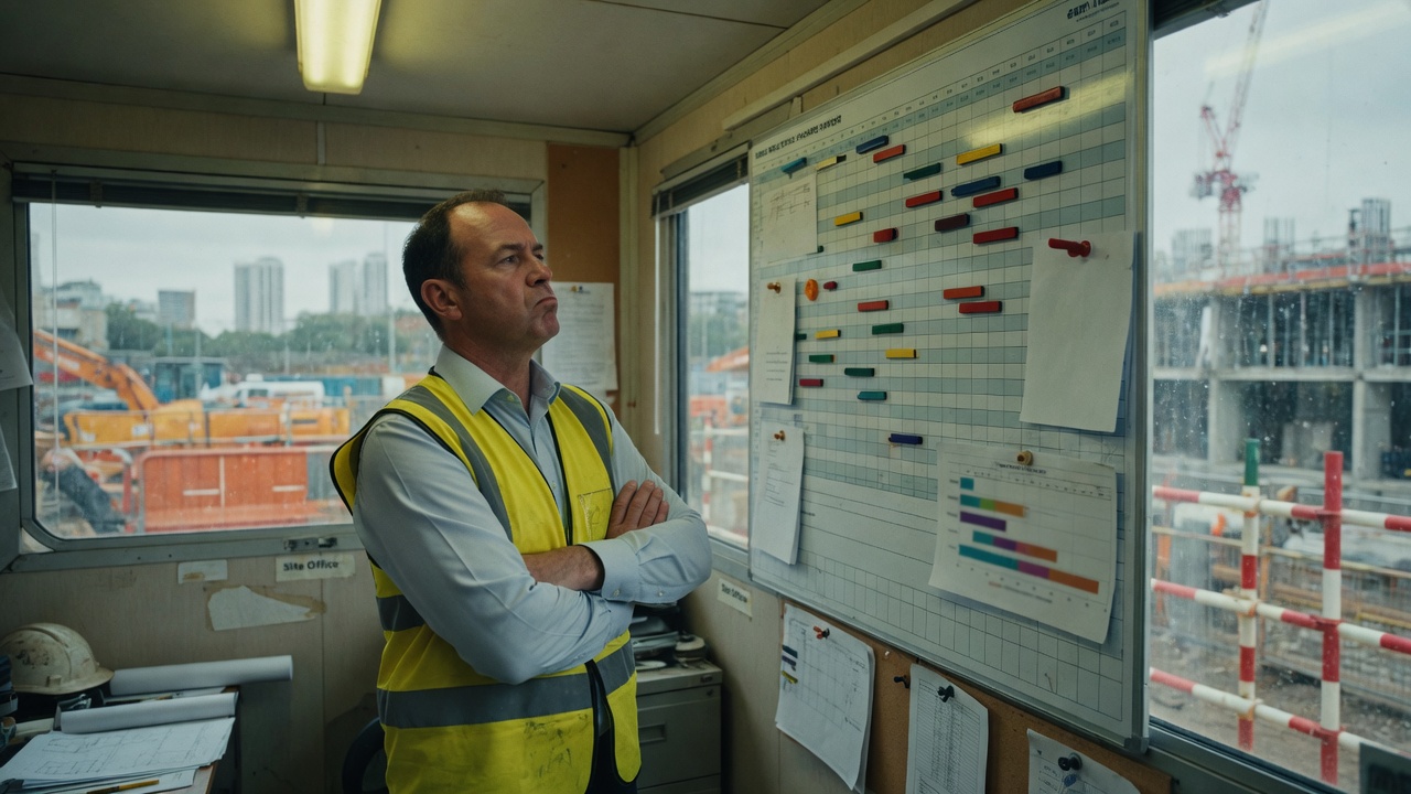 A project manager studying a wall planner with staffing gaps in a site office