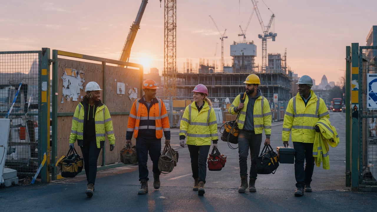 A gang of construction workers walking through a London site gate at sunrise